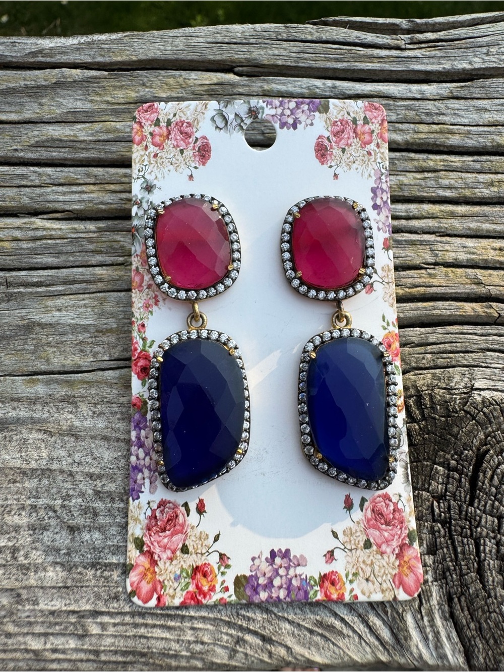 Pink and Navy Blue Double Drop Crystal Halo Post Earrings